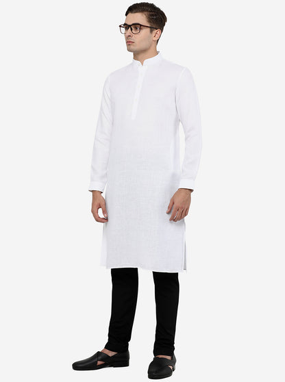 White Self Textured Regular Fit Modi Kurta | JadeBlue