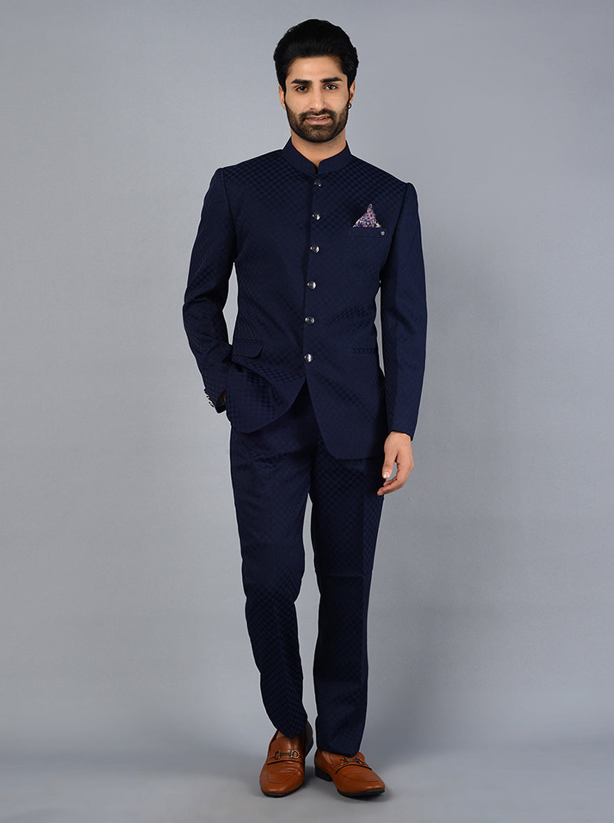 Elegantly stitched blue jacquard designer Bandhgala suit – Bonsoir