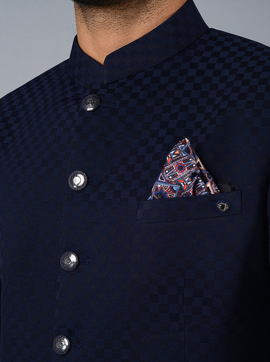 Blue Self Design Regular Fit Jodhpuri Suit | JadeBlue