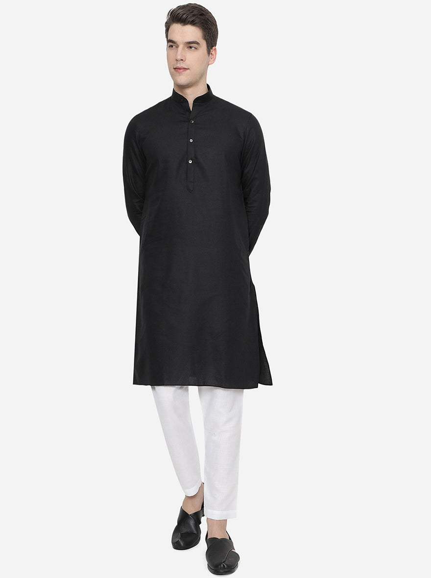 Black Solid Regular Fit Modi Kurta | JadeBlue