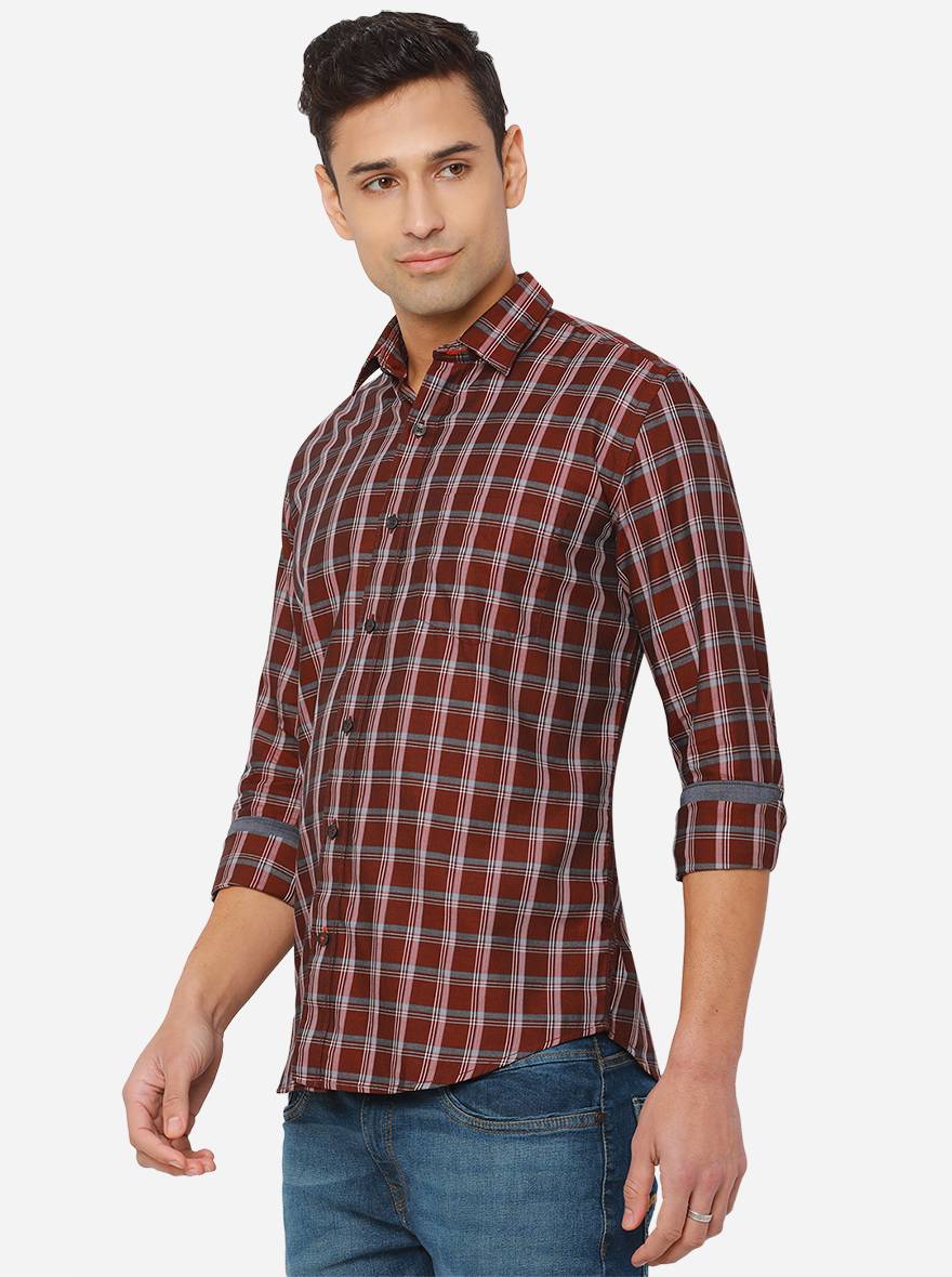 Maroon Checked Slim Fit Casual Shirt | JadeBlue