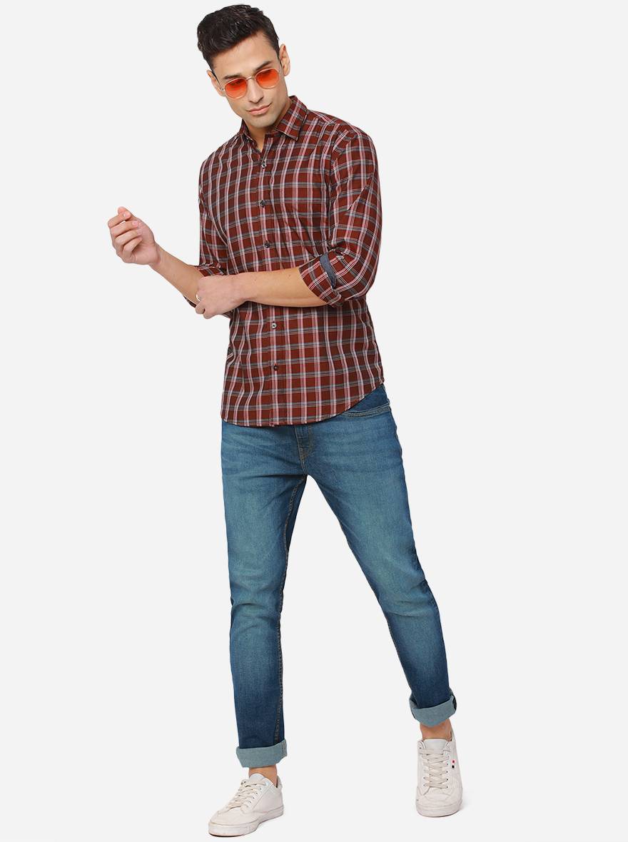Maroon Checked Slim Fit Casual Shirt | JadeBlue
