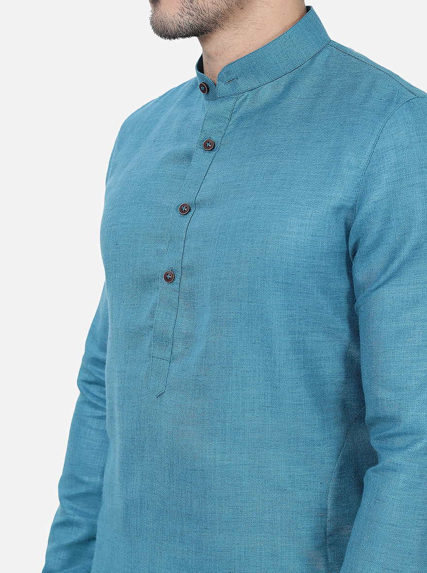 Turquoise Blue Self Textured Regular Fit Modi Kurta | JadeBlue