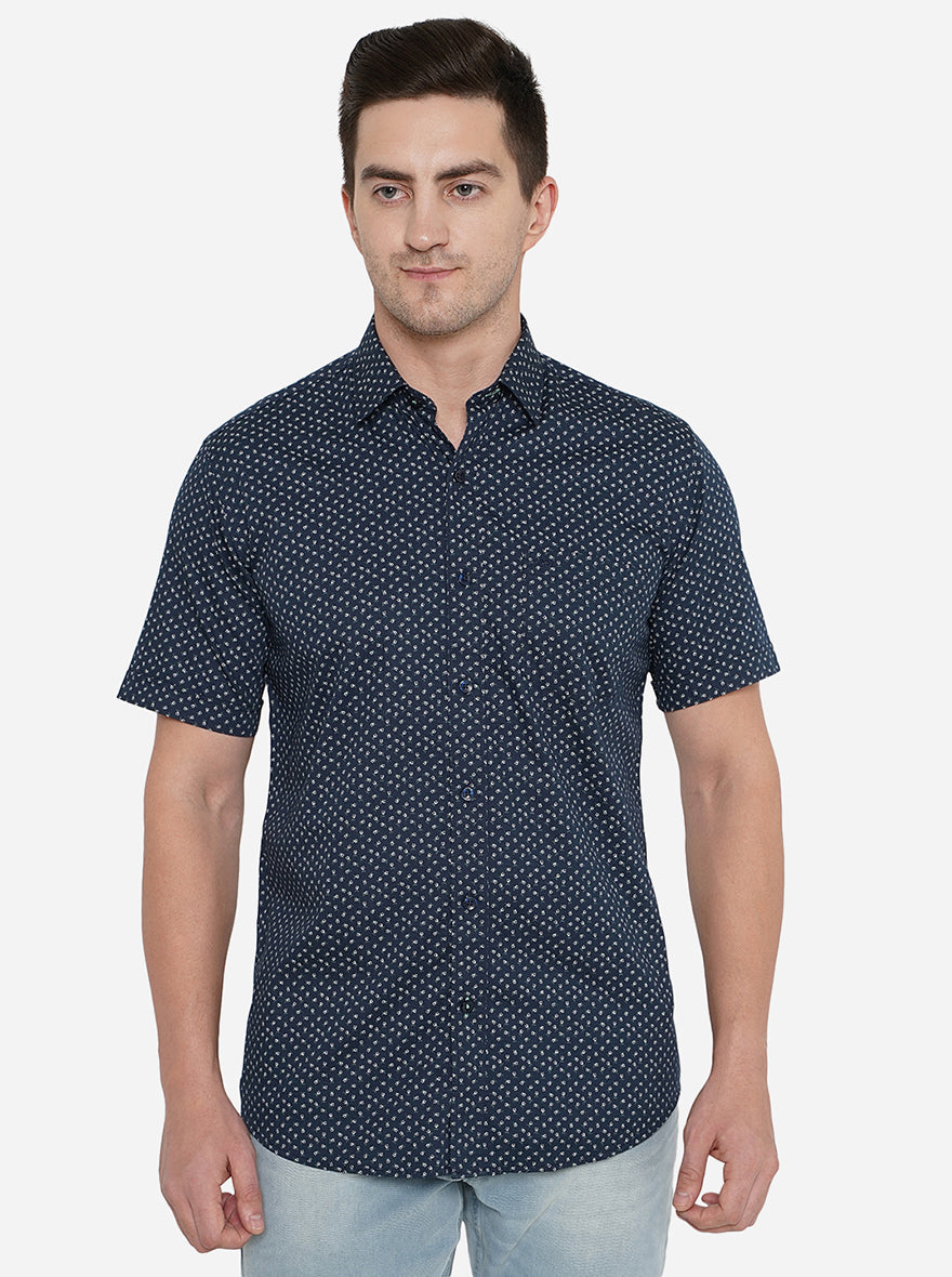 Navy Blue Printed Slim Fit Casual Shirt | JadeBlue