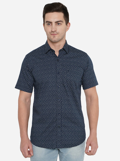 Navy Blue Printed Slim Fit Casual Shirt | JadeBlue
