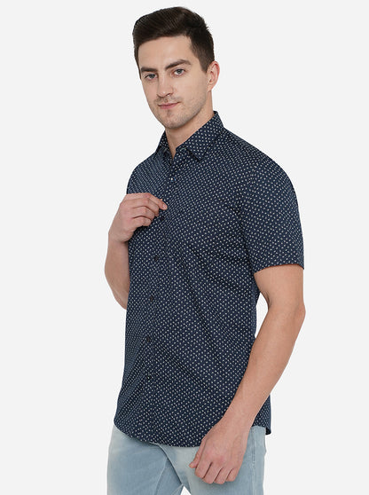 Navy Blue Printed Slim Fit Casual Shirt | JadeBlue