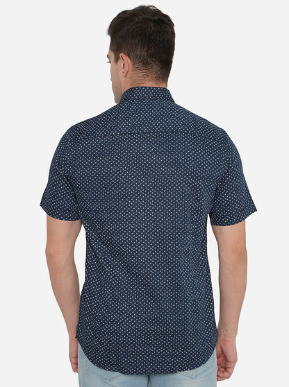 Navy Blue Printed Slim Fit Casual Shirt | JadeBlue