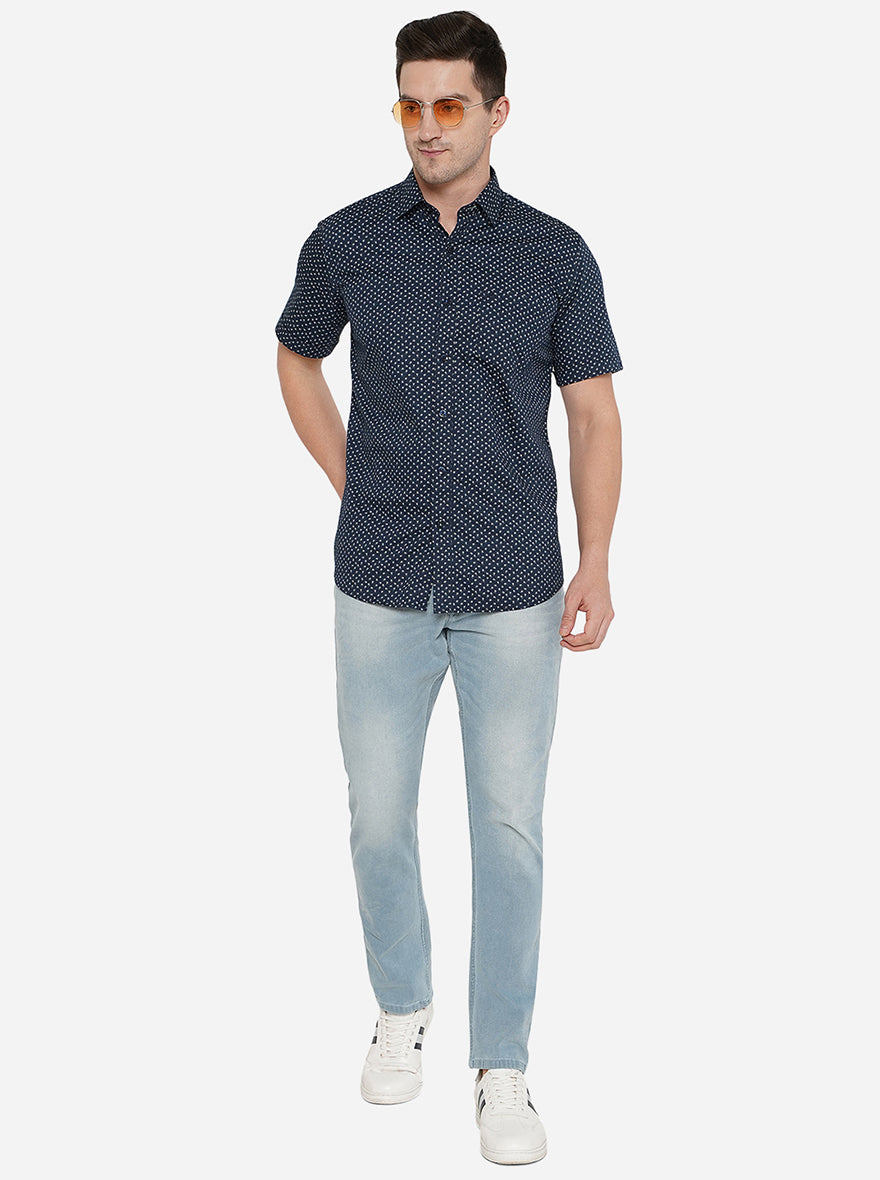 Navy Blue Printed Slim Fit Casual Shirt | JadeBlue