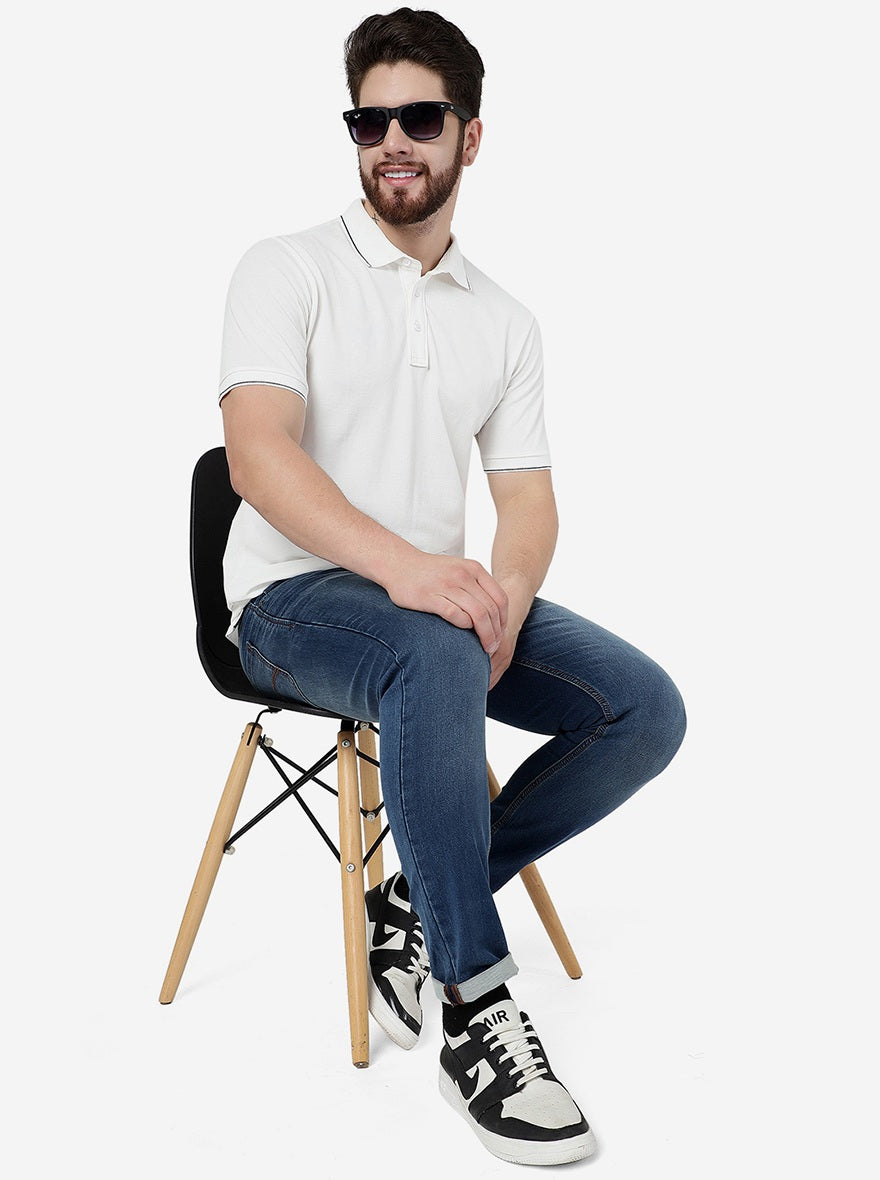 White Solid Slim Fit Polo T-Shirt | JadeBlue