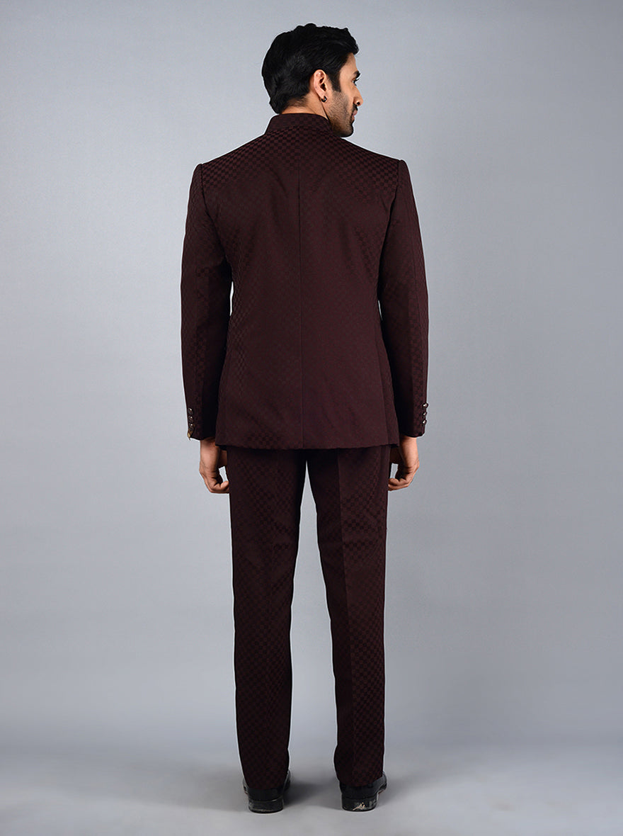 Wine Self Design Regular Fit Jodhpuri Suit | JadeBlue