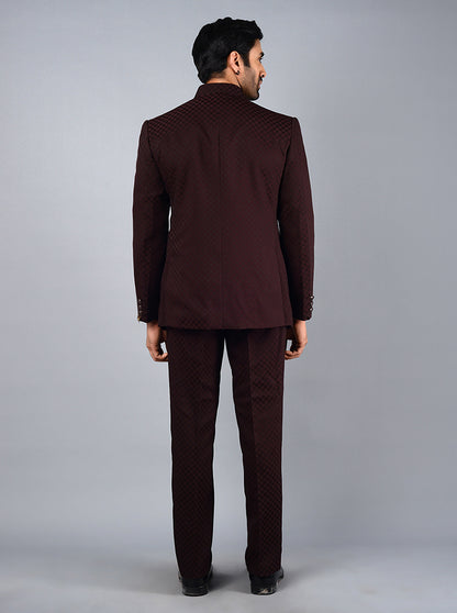 Wine Self Design Regular Fit Jodhpuri Suit | JadeBlue