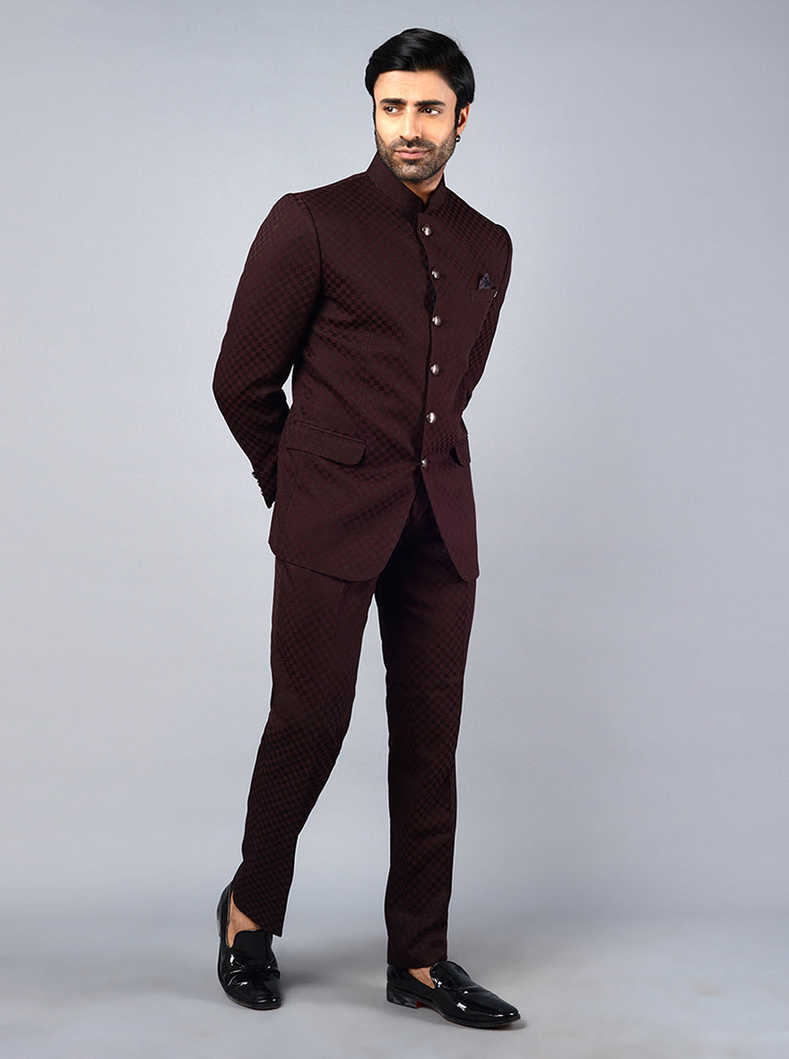 Wine Self Design Regular Fit Jodhpuri Suit | JadeBlue