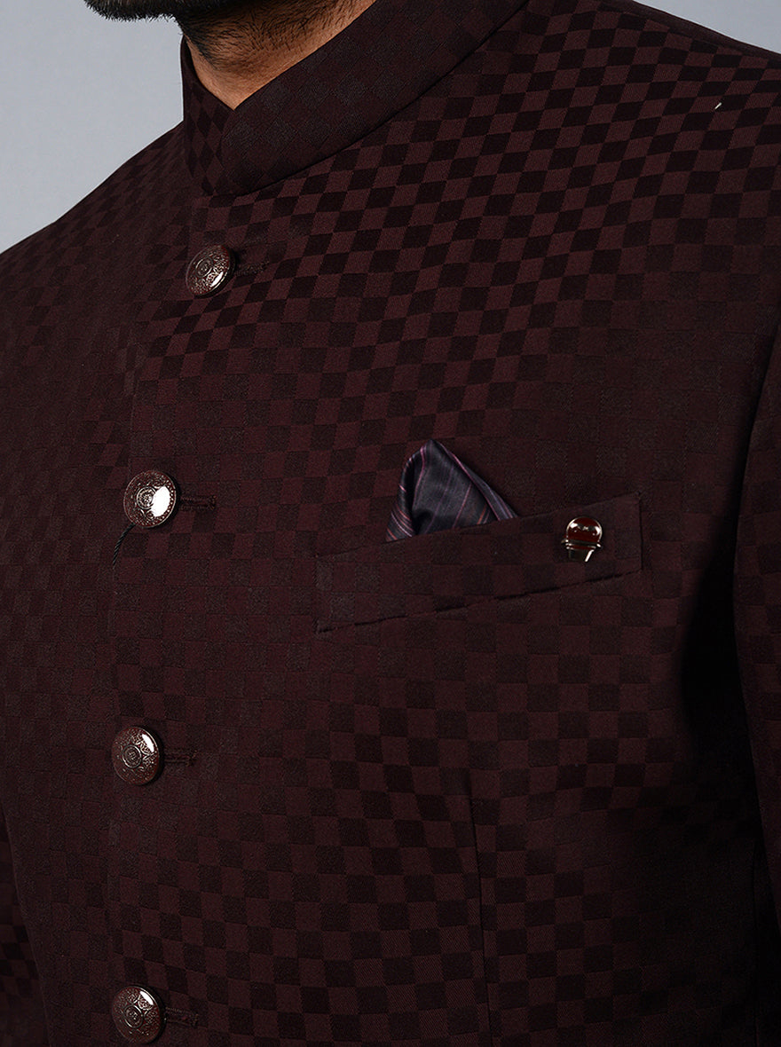 Wine Self Design Regular Fit Jodhpuri Suit | JadeBlue
