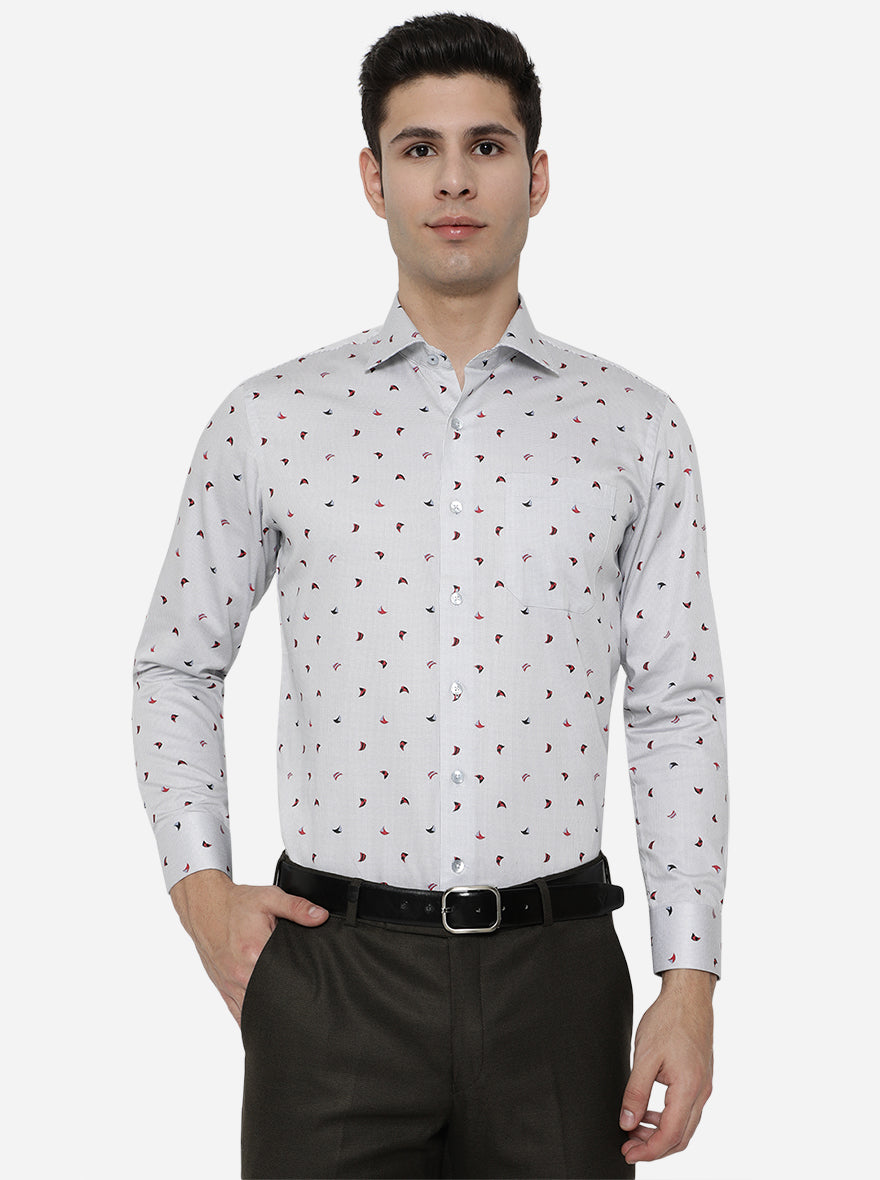 Grey Printed Slim Fit Formal Shirt | Metal