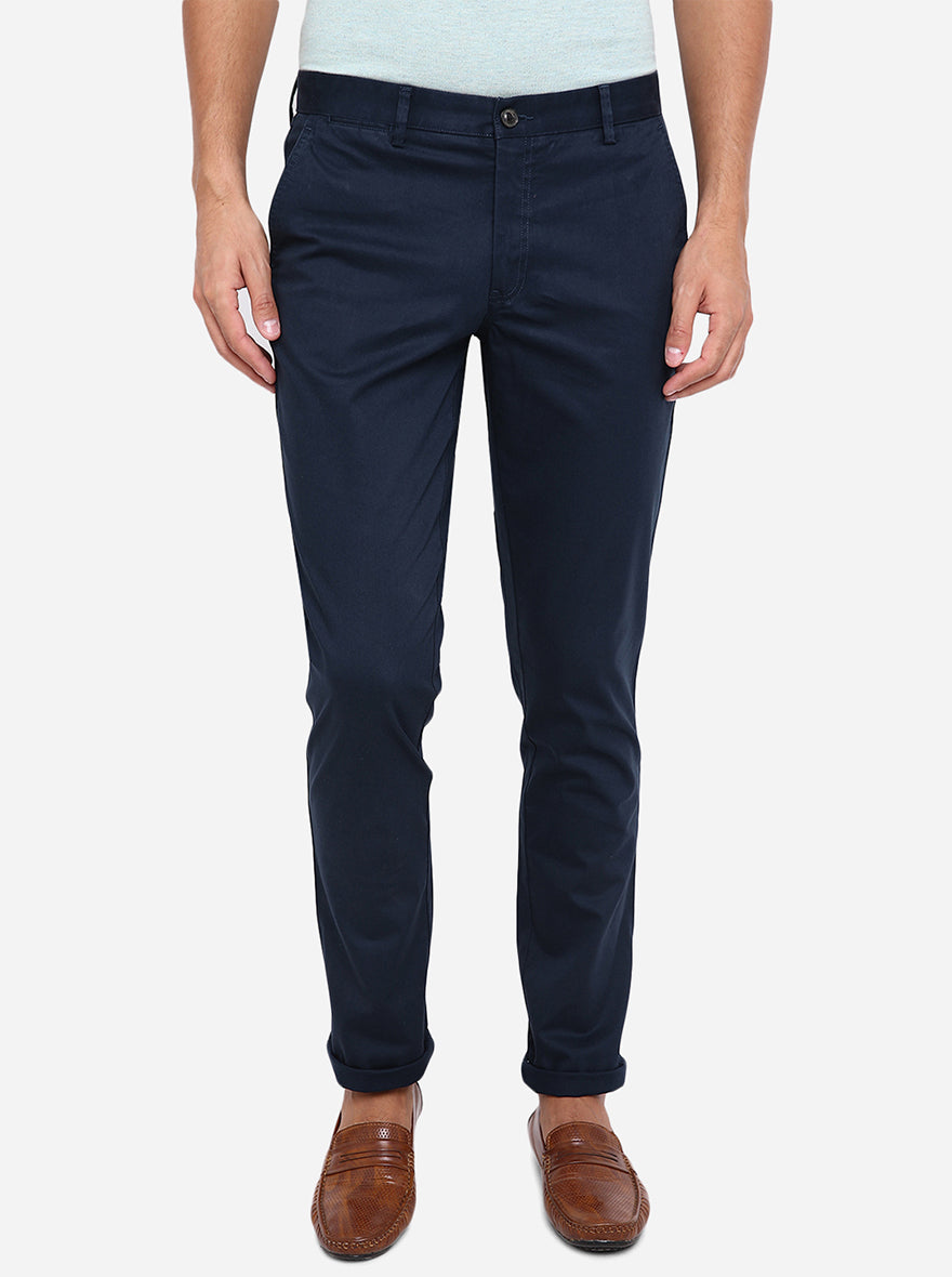 Navy Blue Dobby Uno Fit Casual Trouser | JadeBlue