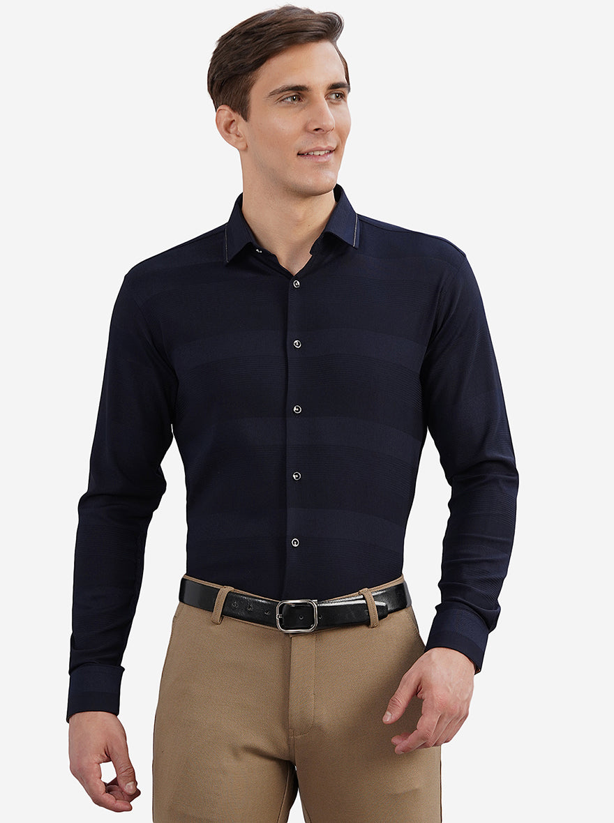 Navy Blue Striped Slim Fit Party Wear Shirt | JB Studio