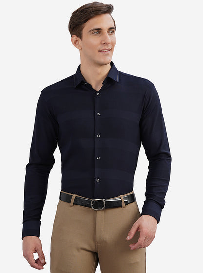Navy Blue Striped Slim Fit Party Wear Shirt | JB Studio