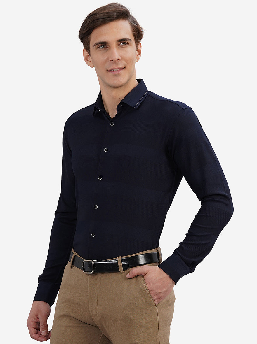 Navy Blue Striped Slim Fit Party Wear Shirt | JB Studio