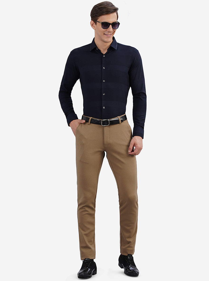 Navy Blue Striped Slim Fit Party Wear Shirt | JB Studio