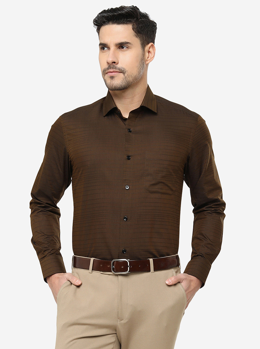 Coffee Brown Striped Slim Fit Formal Shirt | Greenfibre