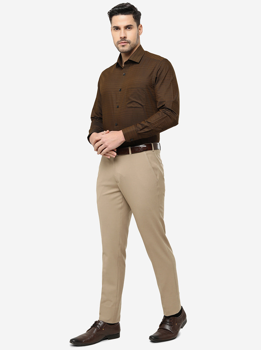 Coffee Brown Striped Slim Fit Formal Shirt | Greenfibre