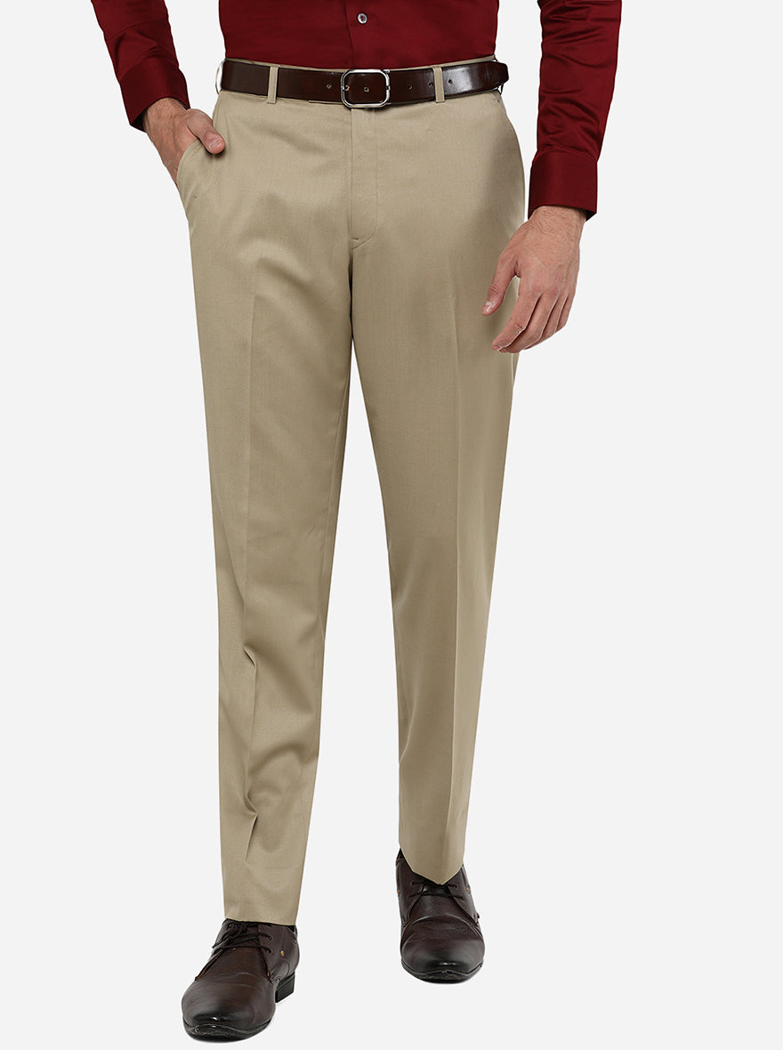 Beige Solid Classic Fit Formal Trouser | JadeBlue Super Luxe