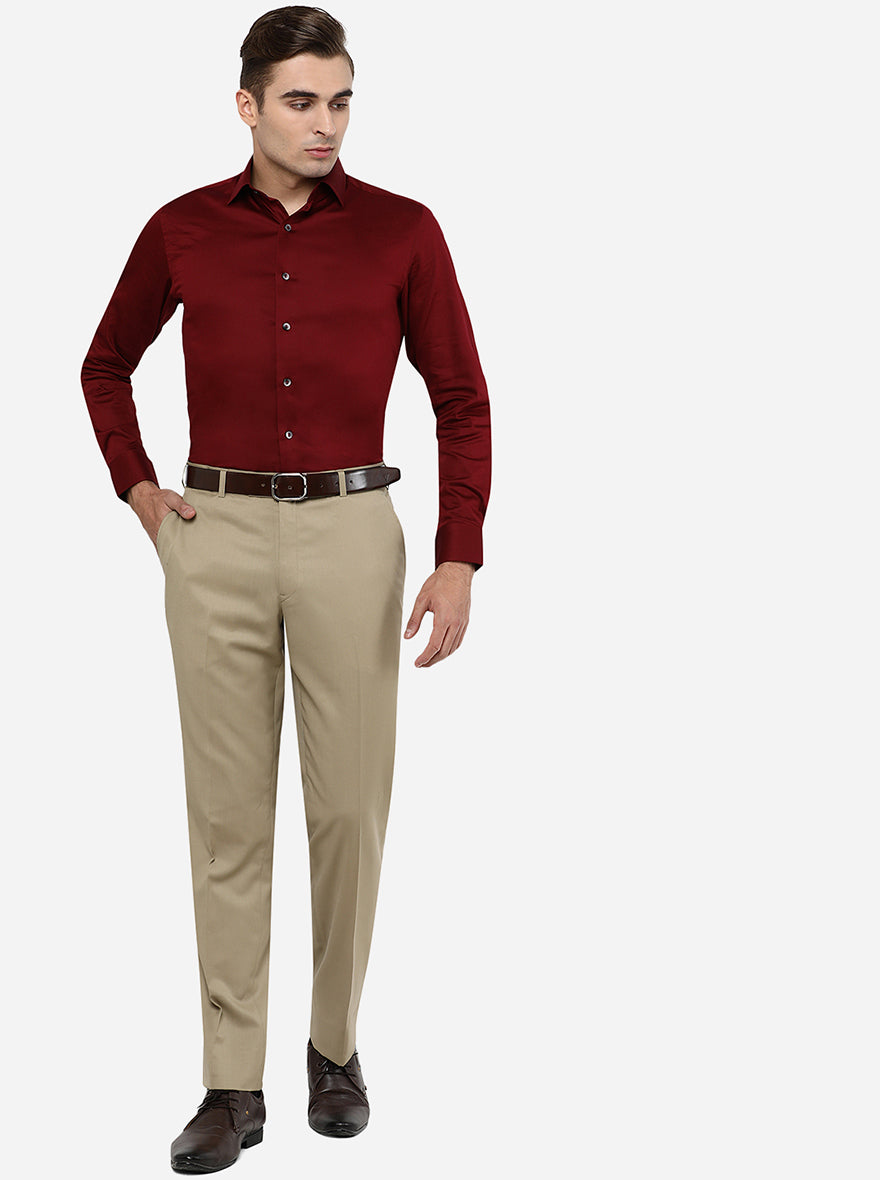 Beige Solid Classic Fit Formal Trouser | JadeBlue Super Luxe