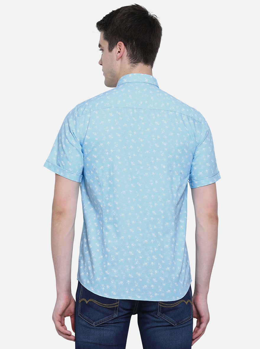 Sky Blue Printed Slim Fit Casual Shirt | Greenfibre