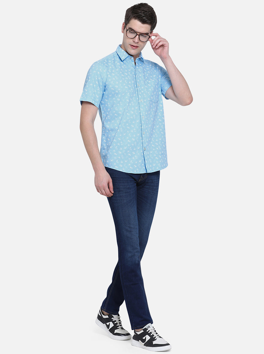 Sky Blue Printed Slim Fit Casual Shirt | Greenfibre