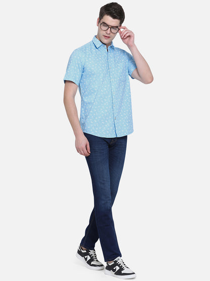 Sky Blue Printed Slim Fit Casual Shirt | Greenfibre