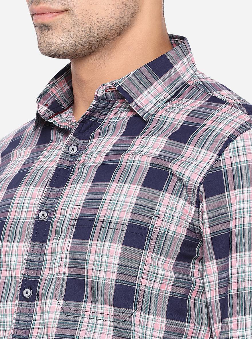 Navy Blue & Light Pink Checked Slim Fit Semi Casual Shirt | JadeBlue