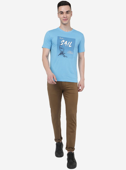 Light Blue Printed Slim Fit T-Shirt | Greenfibre