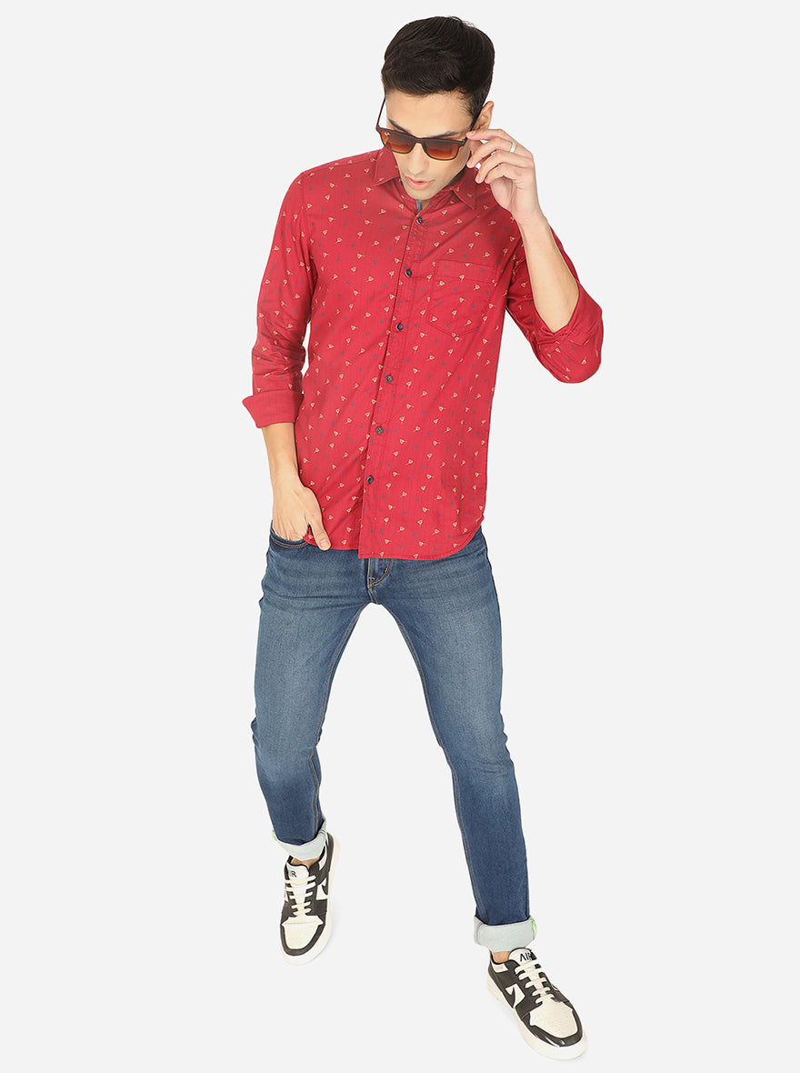 Chili Paper Red Printed Slim Fit Semi Casual Shirt | JadeBlue