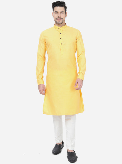 Yellow Self Textured Regular Fit Modi Kurta | JadeBlue