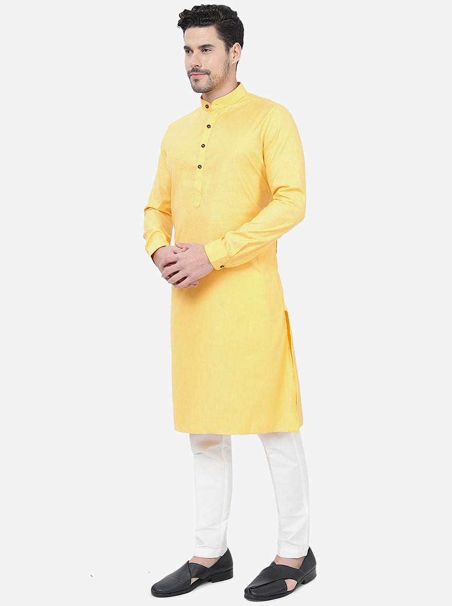 Yellow Self Textured Regular Fit Modi Kurta | JadeBlue