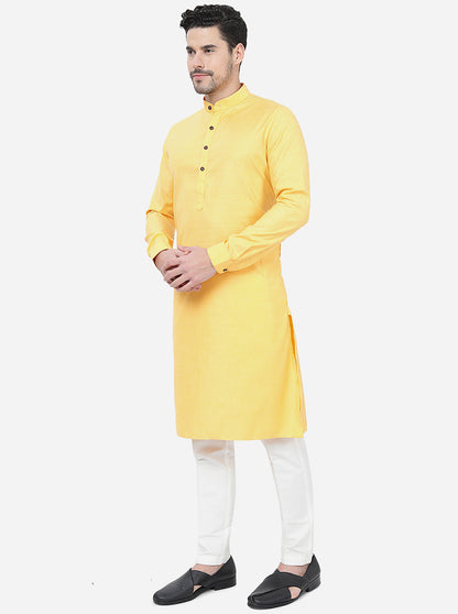 Yellow Self Textured Regular Fit Modi Kurta | JadeBlue