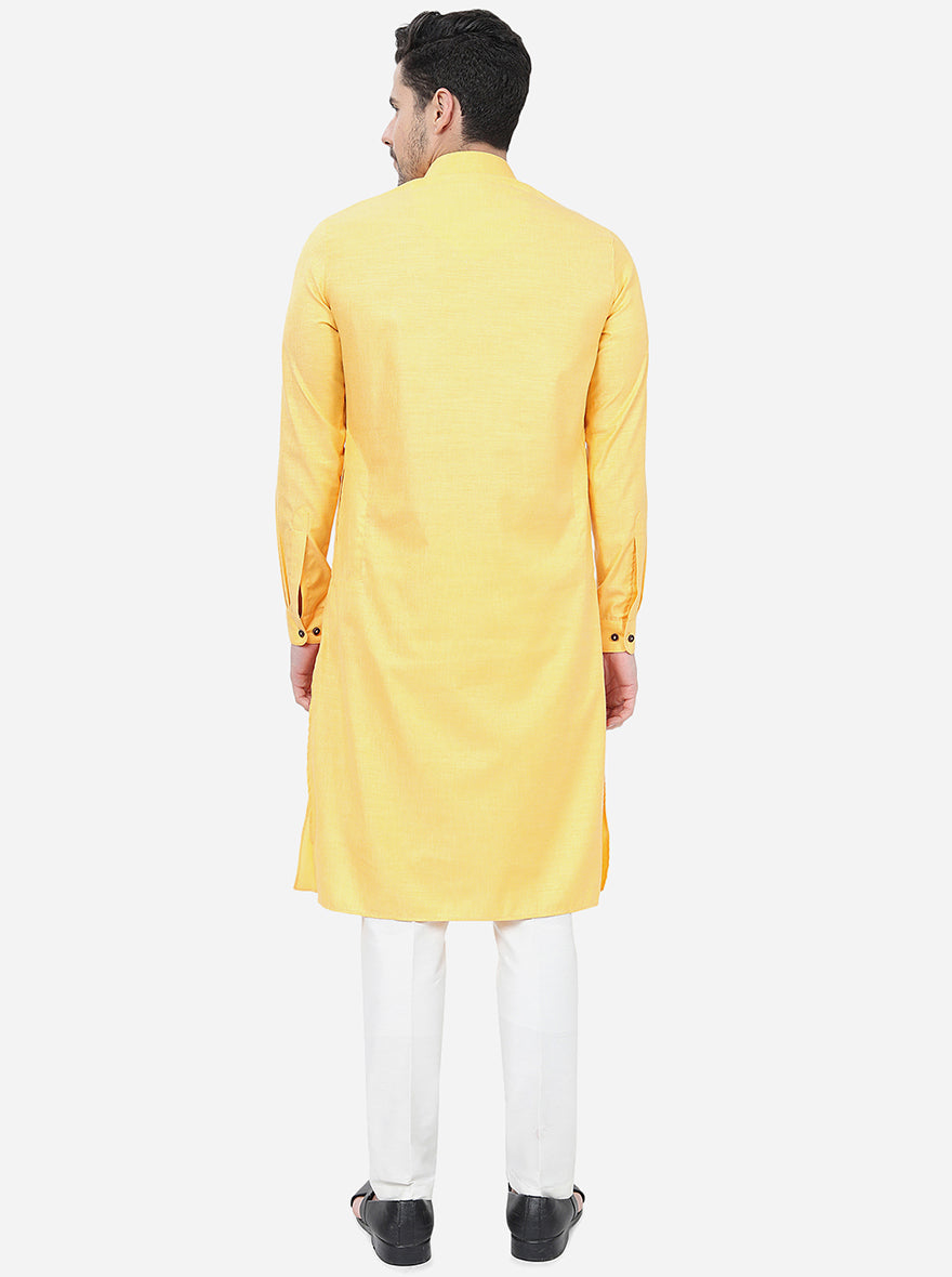 Yellow Self Textured Regular Fit Modi Kurta | JadeBlue