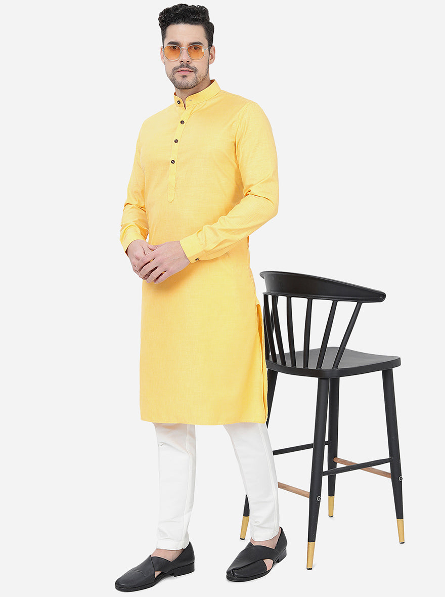 Yellow Self Textured Regular Fit Modi Kurta | JadeBlue