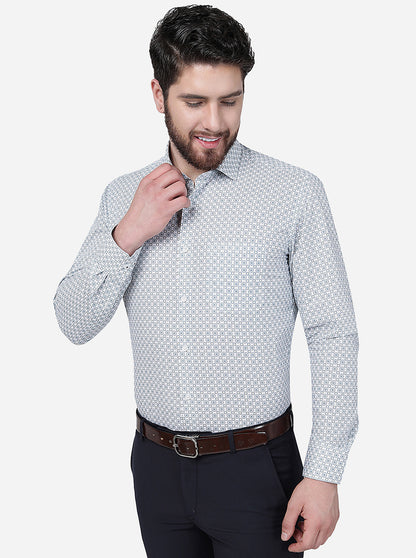 White & Green Printed Slim Fit Formal Shirt | Greenfibre