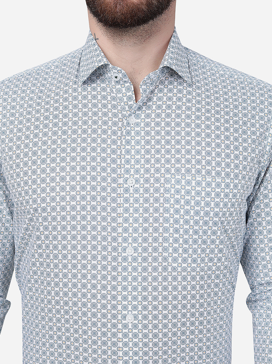White & Green Printed Slim Fit Formal Shirt | Greenfibre