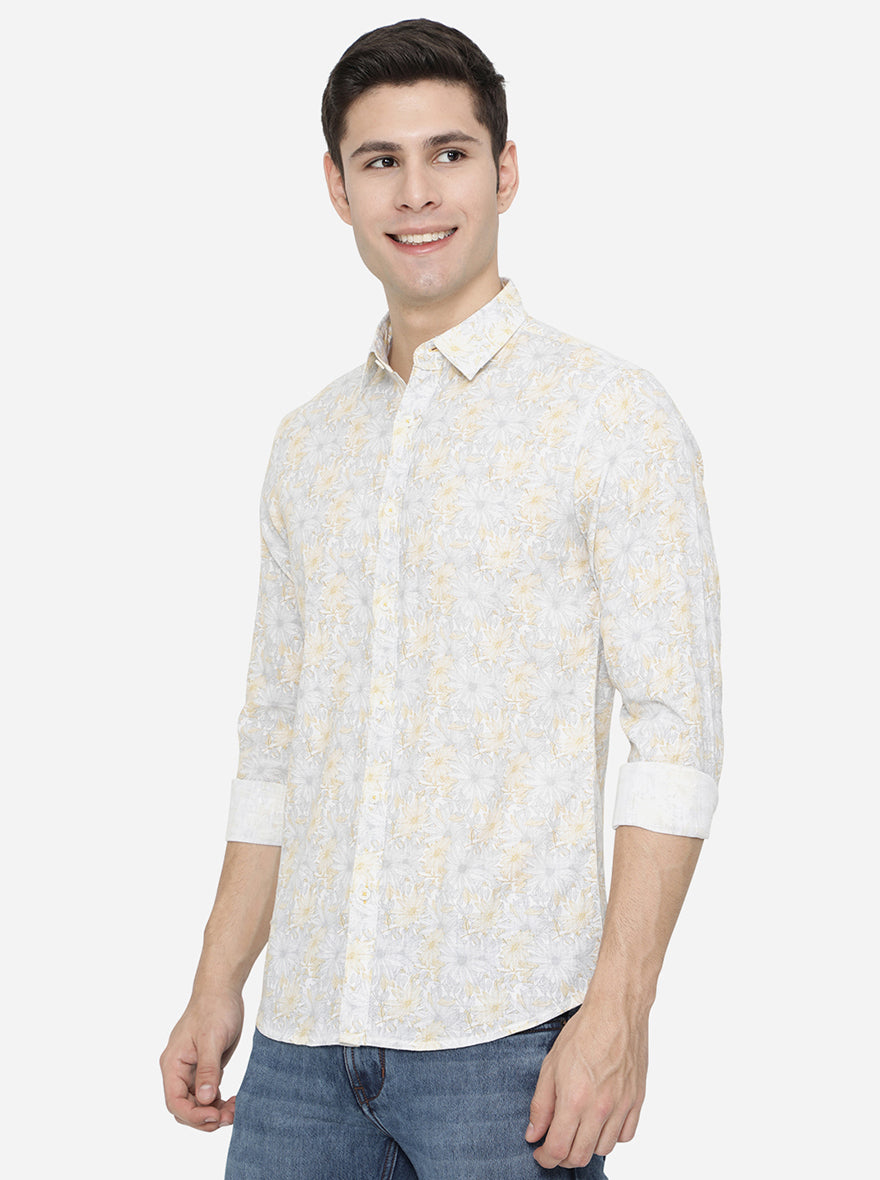 White & Yellow Printed Slim Fit Semi Casual Shirt | JadeBlue