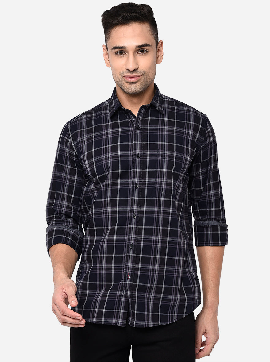 Peacot Blue Checked Slim Fit Casual Shirt | JadeBlue