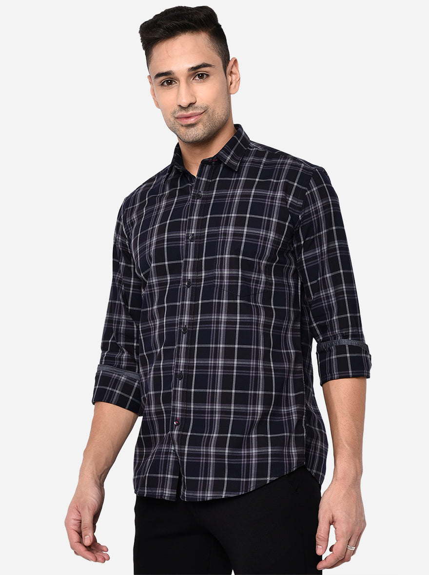 Peacot Blue Checked Slim Fit Casual Shirt | JadeBlue