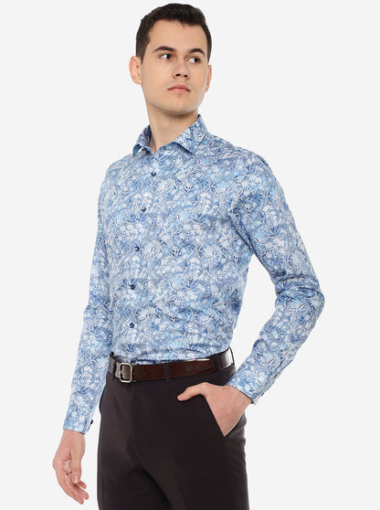 Sky Blue Printed Slim Fit Party Wear Shirt | JB Studio