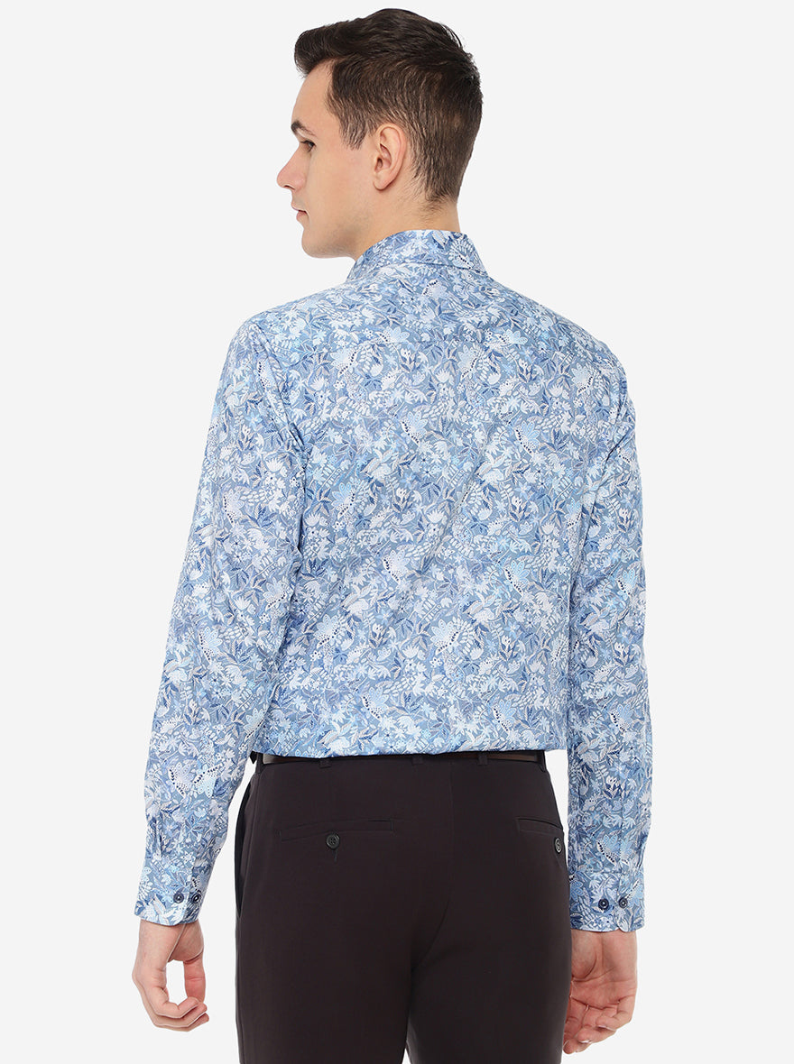 Sky Blue Printed Slim Fit Party Wear Shirt | JB Studio