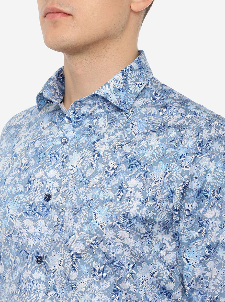 Sky Blue Printed Slim Fit Party Wear Shirt | JB Studio