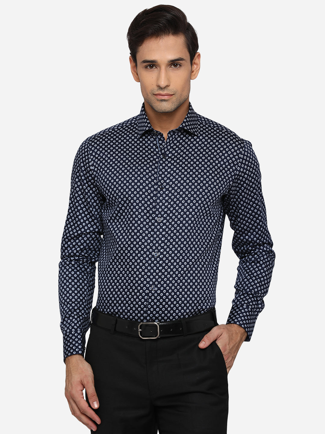 Dark Blue Printed Slim Fit Party Wear Shirt | JB Studio