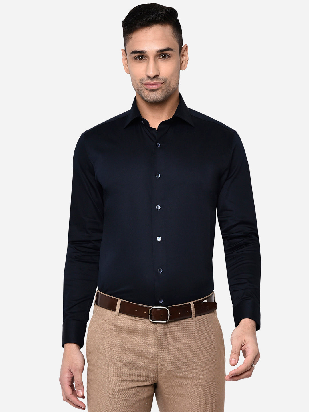 Navy Blue Solid Slim Fit Party Wear Shirt | Wyre