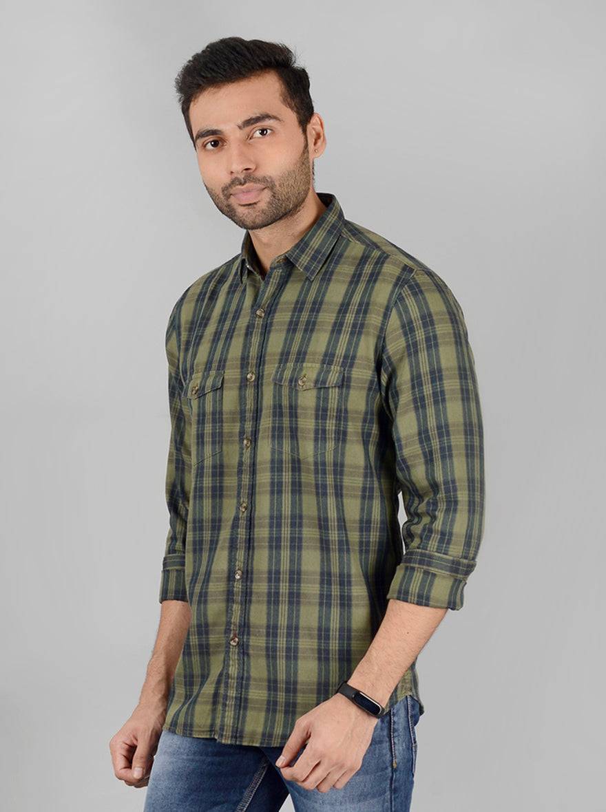 Green Checked Slim Fit Casual Shirt | JadeBlue