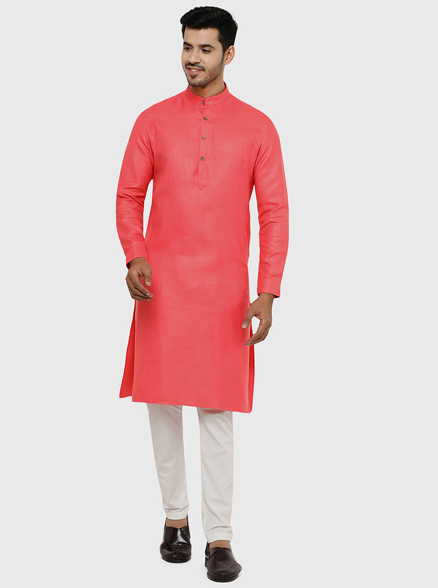 Punch Pink Self Textured Regular Fit Modi Kurta | JadeBlue